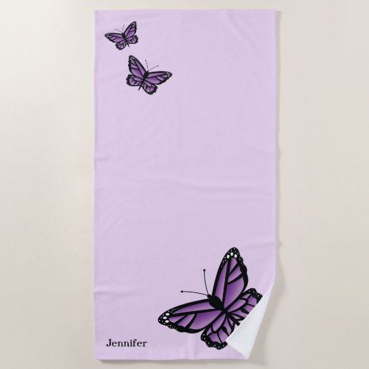 Serviette De Plage Papillons Violets Et Nom Personnalisé (Devant)