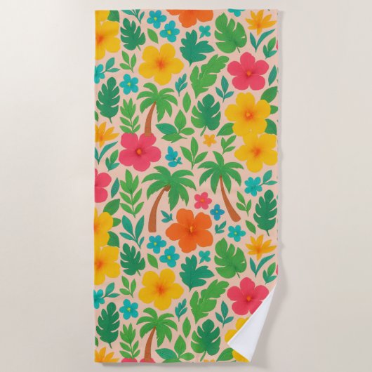 Serviette De Plage Paradis tropical - Palm Feuilles & Hibiscus Motif (Devant)