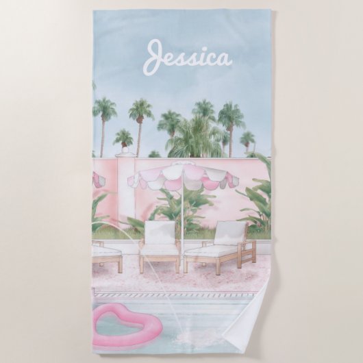 Serviette De Plage Parapluie rose et blanc au bord de la piscine (Devant)