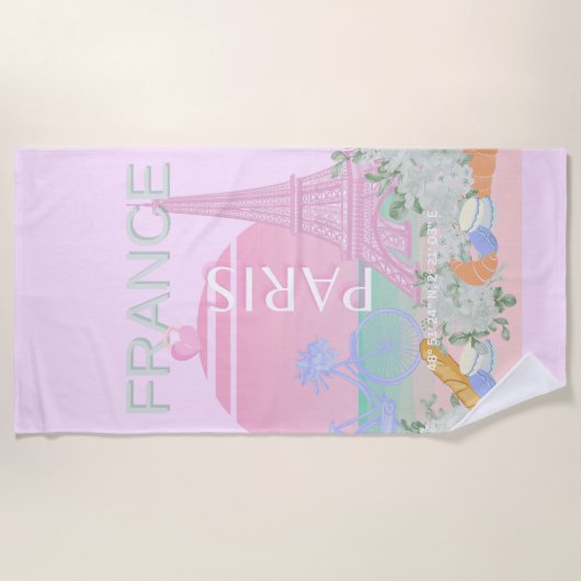 Serviette De Plage Paris, France, Travel Art, Preppy, Pastel, Rose (Devant)