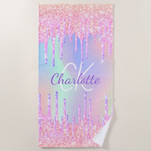 Serviette De Plage Parties scintillant arc-en-ciel goutte rose monogr (Devant)