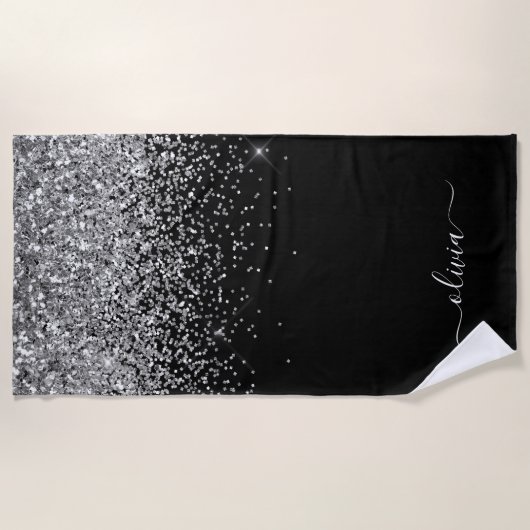 Serviette De Plage Parties scintillant d'argent noir Monogramme de fi (Devant)