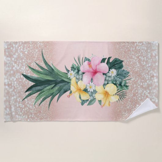Serviette De Plage Parties scintillant des fleurs tropicales d'ananas (Devant)