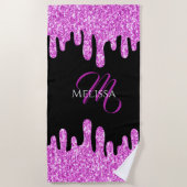 Serviette De Plage Parties scintillant étincelante rose noir Monogram (Devant)