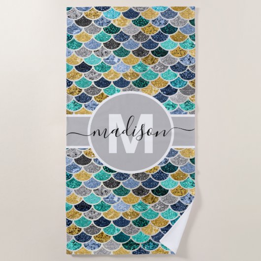 Serviette De Plage Parties scintillant Look Sirène Étalons Monogramme (Devant)