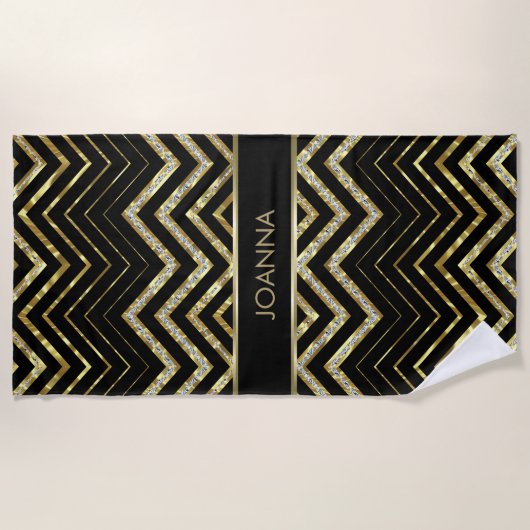Serviette De Plage Parties scintillant Noir Et Or Chevron (Devant)