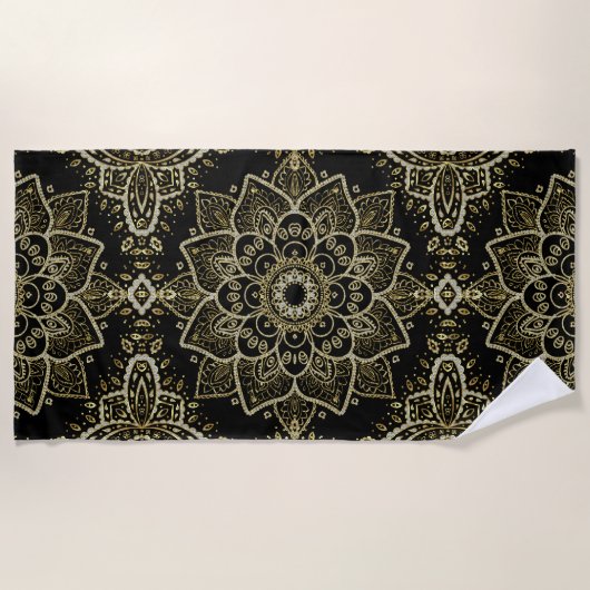 Serviette De Plage Parties scintillant Noir & Or Mandala Design (Devant)