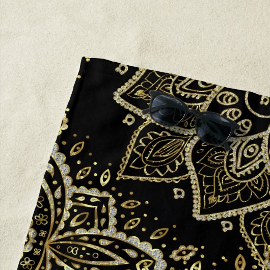 Serviette De Plage Parties scintillant Noir & Or Mandala Design (En situation)