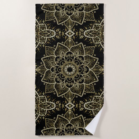 Serviette De Plage Parties scintillant Noir & Or Mandala Design (Devant)