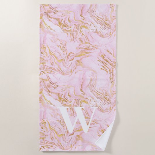 Serviette De Plage Parties scintillant or en marbre rose Monogramme (Devant)