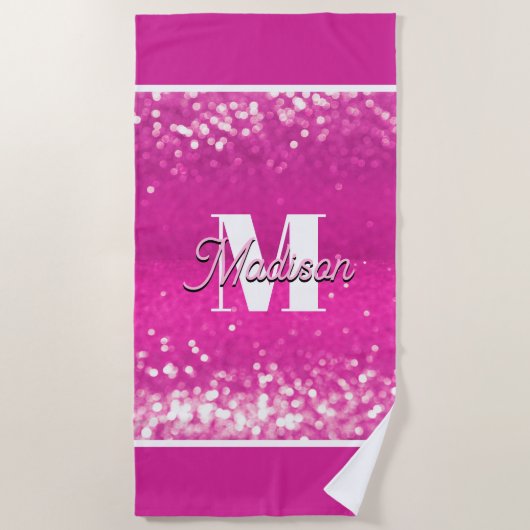 Serviette De Plage Parties scintillant rose chaud Bokeh Monogramme (Devant)