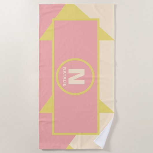 Serviette De Plage Pastel Jaune rose et crème Filles géométriques Nom (Devant)