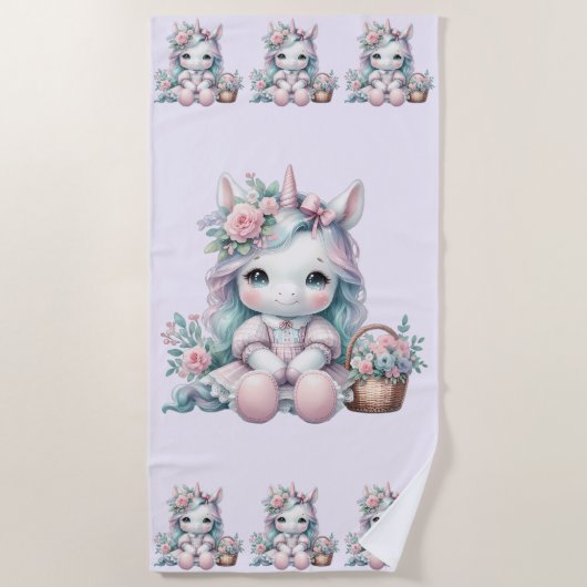 Serviette De Plage Pastel Kawaii Unicorn Doll with Flower Basket (Devant)