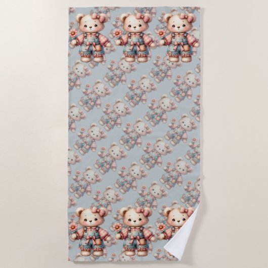Serviette De Plage Pastel Teddy Bear Holding Flower Wear Overalls (Devant)