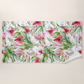 Serviette De Plage Pastèque Floral | Monogramme Été Tropical (Devant)