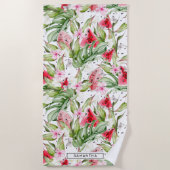 Serviette De Plage Pastèque Floral | Monogramme Été Tropical (Devant)