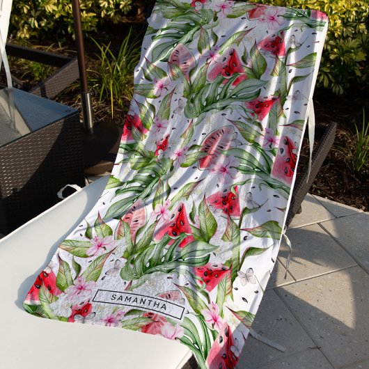 Serviette De Plage Pastèque Floral | Monogramme Été Tropical