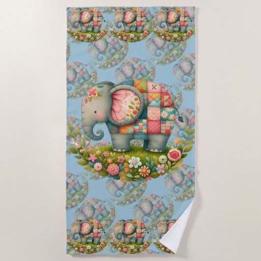 Serviette De Plage Patchwork Elephant Floral Meadow Charm (Devant)