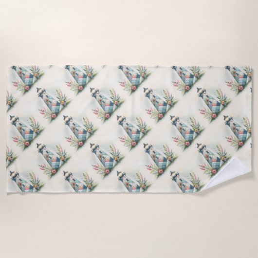 Serviette De Plage Patchwork Lighthouse Coastal Floral Scene (Devant)