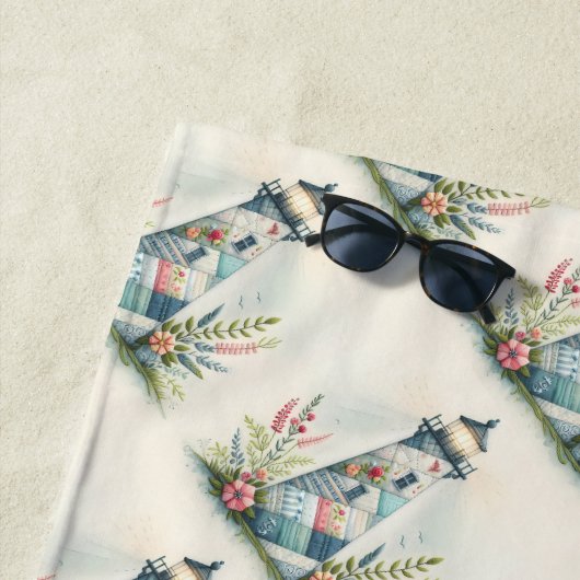 Serviette De Plage Patchwork Lighthouse Coastal Floral Scene (En situation)