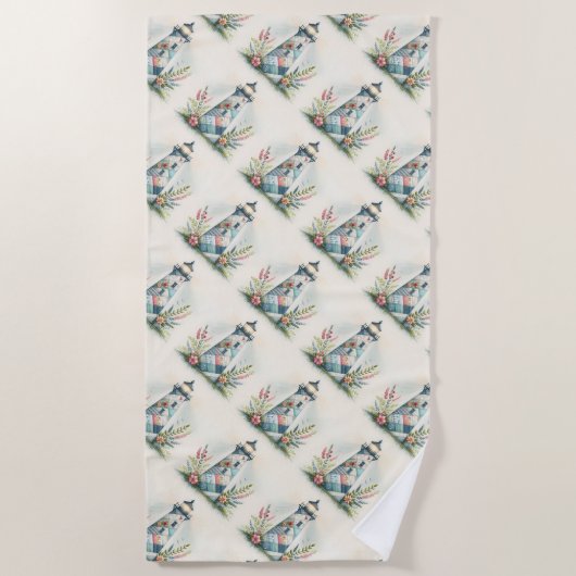 Serviette De Plage Patchwork Lighthouse Coastal Floral Scene (Devant)