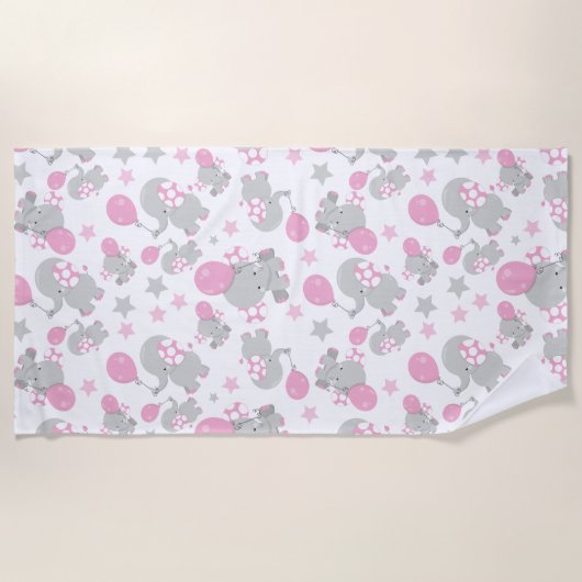 Serviette De Plage Pattern of Elephants, Cute Elephants - Pink Gray (Devant)