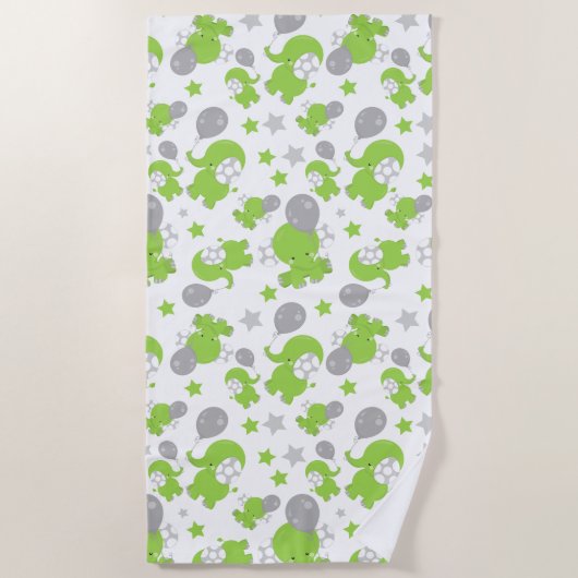 Serviette De Plage Pattern of Green Elephants, Cute Elephants, stars (Devant)