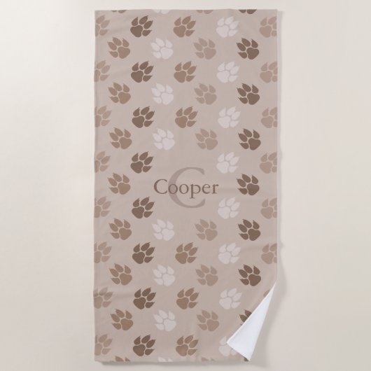 Serviette De Plage Pattes de chien beige avec nom et monogramme (Devant)