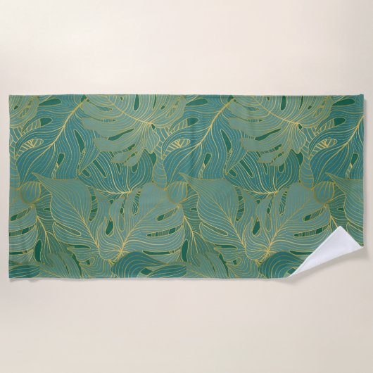 Serviette De Plage Paume vert et or feuille motif (Devant)