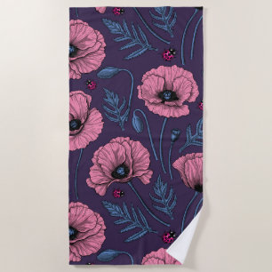 Serviette De Plage Pavot rose sur violet foncé