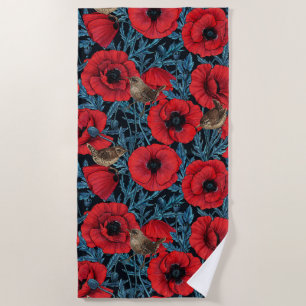 Serviette De Plage Pavot rouge et brunes, feuilles bleus sur noir