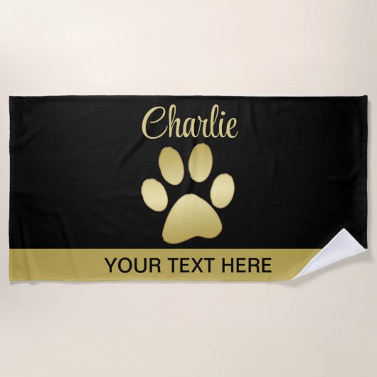 Serviette De Plage Paw chien brillant or sur arrière - plan noir (Devant)