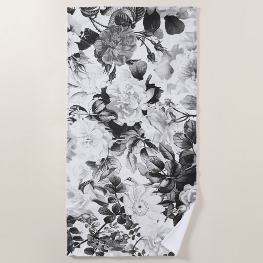 Serviette De Plage Pays moderne blanc noir d'aquarelle floral (Devant)