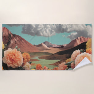 Serviette De Plage Paysage de montagnes floral surréaliste avec des n