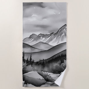 Serviette De Plage Paysage noir et blanc peinture de montagnes