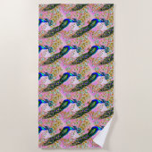Serviette De Plage Peacock bleu Iridescente, or sur rose (Devant)