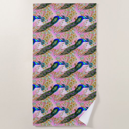 Serviette De Plage Peacock bleu Iridescente, or sur rose (Devant)
