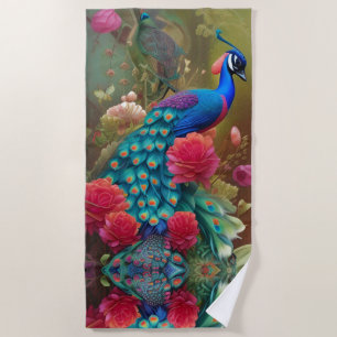 Serviette De Plage Peacock Bleu, Jardin Rose
