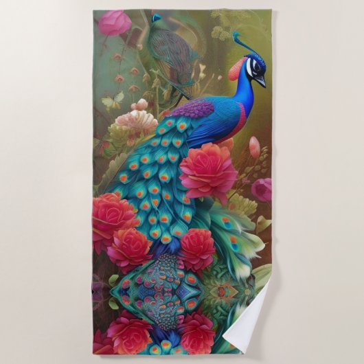 Serviette De Plage Peacock Bleu, Jardin Rose (Devant)