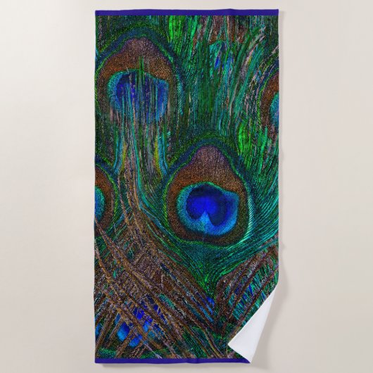Serviette De Plage Peacock Vibrant Plumes Etching Style Décor sur un (Devant)