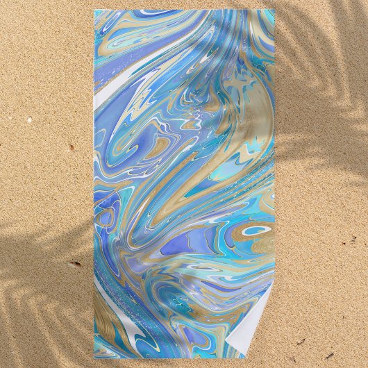 Serviette De Plage Pearlescent Aqua & Gold en marbre liquide