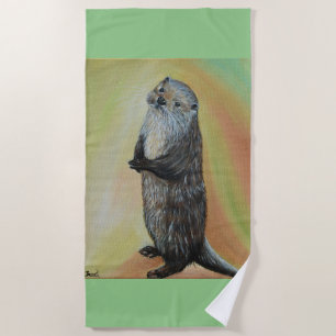 Serviette De Plage Peinture à la loutre de la rivière debout