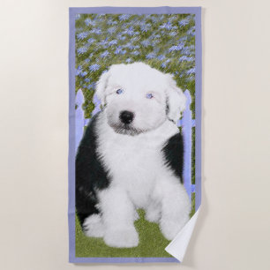 Serviette De Plage Peinture de chiot Old English Sheepdog - Art canin