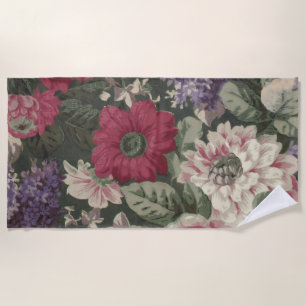 Serviette De Plage Peinture de fleurs vintage rouge rose bleu blanc