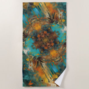 Serviette De Plage Peinture de récolte d'automne Turquoise Rouille Or