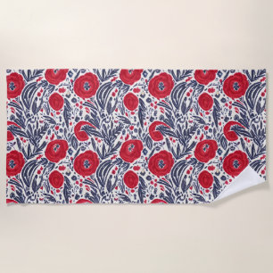 Serviette De Plage Pépites florales rouges blanches et bleues