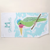 Serviette De Plage Perroquet drôle avec crème glacée Monogramme Nom (Devant)
