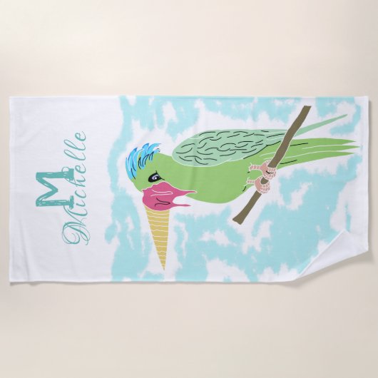 Serviette De Plage Perroquet drôle avec crème glacée Monogramme Nom (Devant)