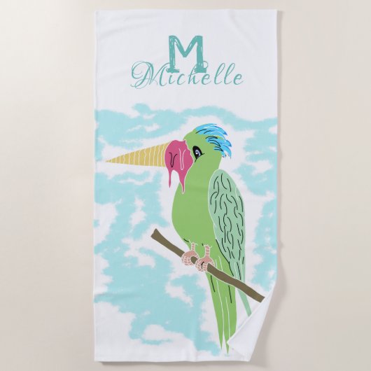 Serviette De Plage Perroquet drôle avec crème glacée Monogramme Nom (Devant)