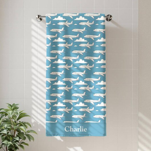 Serviette De Plage Personalized Blue Airplane Kids
